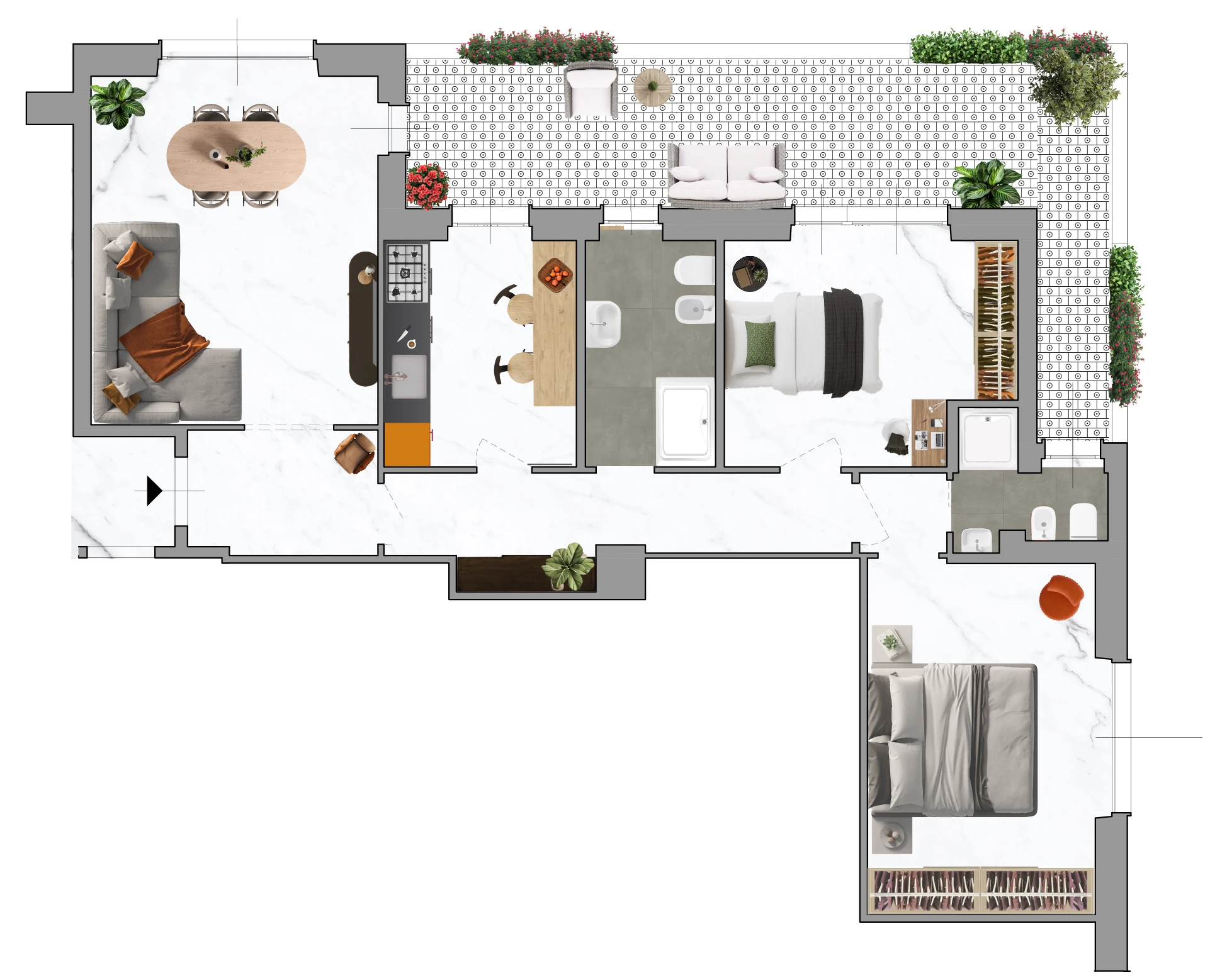 Planimetria trilocale con balcone via montoggio